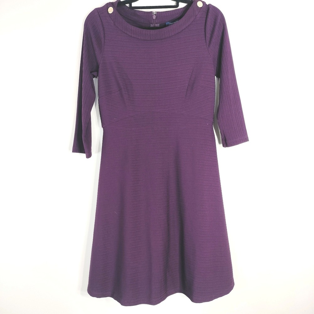 Tommy Hilfiger Purple Fit & Flare Dress; Ribbed 3/4 Sleeve Boat Neck